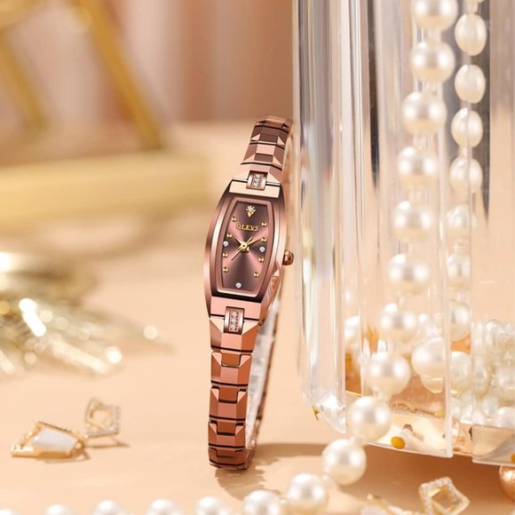 Olevs Slim Thin Rose Gold Steel Band Tonneau Square Quartz Waterproof Wristwatch